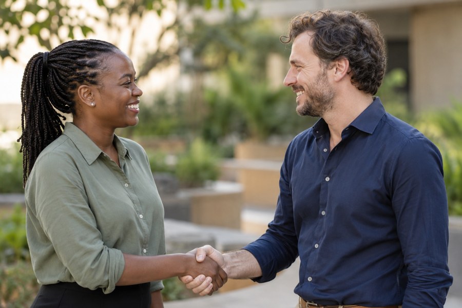 Een Afrikaanse vrouw en een Europese man schudden elkaar de hand